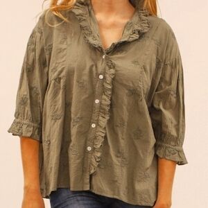Kyla Seo Tara Lime green Boho Embroidered Ruffled Feminine blouse Sz Medium